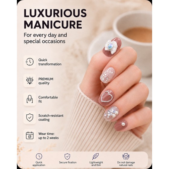Dusty Purple Bow & Rhinestone Press‑On Nails, Short Round Gentle Style Pearl Glitter False Nails
